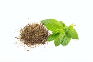 Fresh and dried spearmint on white background