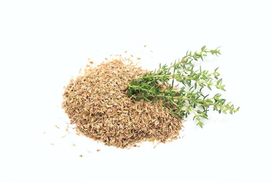 Fresh and dried thyme on white background