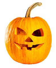 Scary head Jack O Lantern halloween pumpkin isolated on white background
