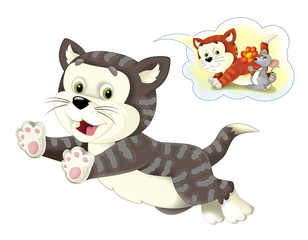 Cartoon happy cat running jumping and thinking - speaking cloud with image - isolated - illustration for children