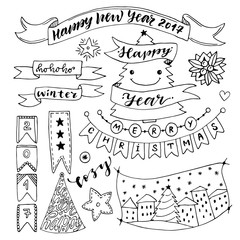 Hand drawn New Year collection with ribbons and decorations. Christmas vector elements. New year tree illustration.
