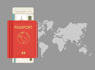 Vector passport, boarding pass and World map icon. Traveling abroad, vacation, journey around the world, visa, citizenship concepts.