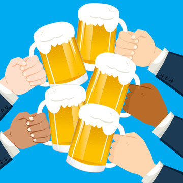 Multicultural businessmen hands toasting holding beer on party celebration