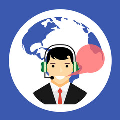 Happy customer support manager with headphones.Flat design concept vector illustration