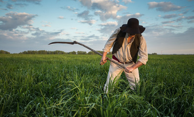 peasant mows grass in the field