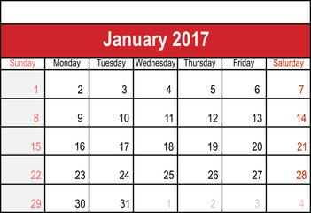 Calendar for January 2017 Year. Vector Design Print Template. Week Starts Sunday.