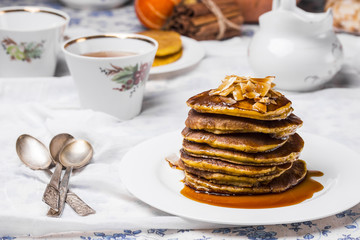 stack of pumpkin pancakes