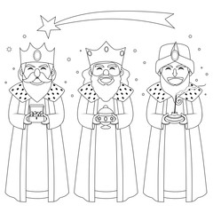 Monochrome coloring line art illustration of three kings