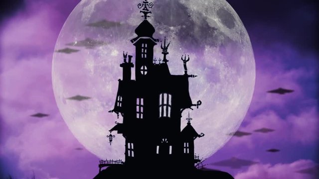 Halloween night background with haunted house and full moon

