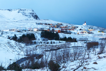 Village of Vik in  twilight, Iceland.