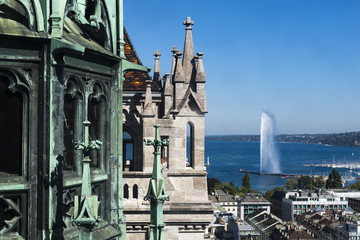 Cathedral St. Peter and Jet d&acute;Eau fountain - the most attractive objects about Geneva