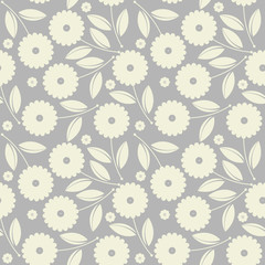 Seamless pattern with white flowers and leaves isolated on grey