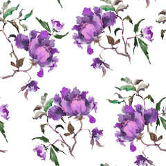 Fototapeta na wymiar Seamless pattern with beautiful purple peonies on white background. Watercolor painting. Can be used in greeting cards, wallpapers, fabric, wrapping paper