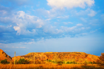 Fototapeta premium red flat mountain at sunset, sunrise, nature background, autumn