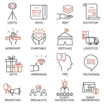 Vector set of 16 thin icons related to event management, event service and special event organization. Mono line pictograms and infographics design elements - part 3