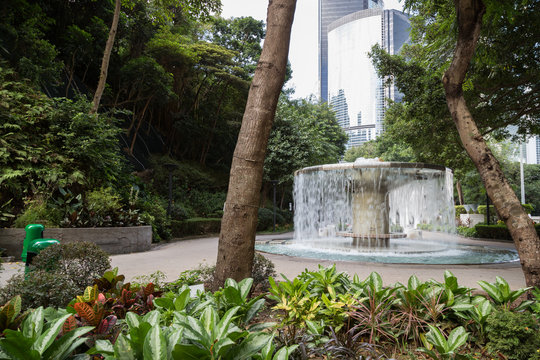 Fountain at the lush Hong Kong Park and modern skyscraper in the background in Hong Kong, China.
