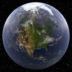 Earth focused on North America viewed from space. Countries include United States, Canada, and Mexico.