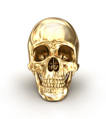 Golden human skull over white , 3D illustration