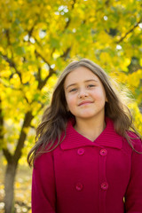 girl brunette with long hair in red sweater in autumn leaves