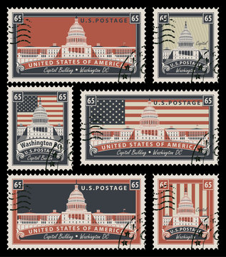 set of stamps with the image of the US Capitol in Washington, DC