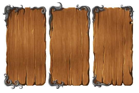 Colorful set of realistic wooden interface elements, winodws or panels with metal frames