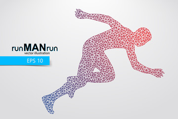Silhouette of a running man from triangle. Text and background on a separate layer, color can be changed in one click