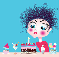 Little girl blowing birthday cake candle. Vector illustration 