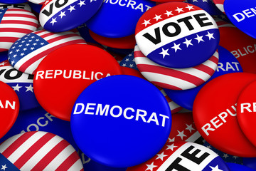 Fototapeta premium US Elections Concept - Democrat, Republican, US Flag and Vote Campaign Pins in Pile 3D Illustration