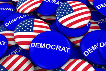 US Elections - Democrat Party Campaign Pins and US Flag Buttons 3D Illustration