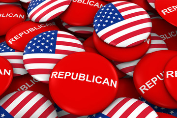 US Elections - Republican Party Campaign Pins and US Flag Buttons 3D Illustration