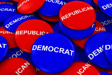 Democrat Party vs Republican Party Campaign Buttons Pile 3D Illustration
