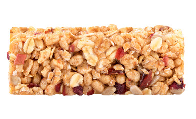 Granola bar closeup on white.