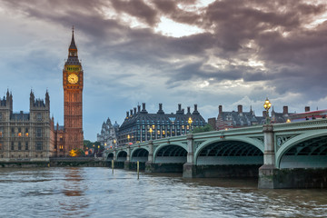 Fototapeta na wymiar Night photo of Westminster Bridge and Big Ben, London, England, United Kingdom