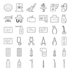 Medical tools equipment grugs icons set. Outline illustration of 36 medical tools equipment grugs vector icons for web