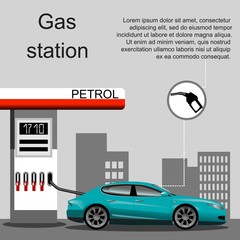 Petrol gas station concept in flat design style. Fuel and energy, pump and car, transportation industry. Vector illustration - 123397525