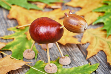 Small creature made of chestnuts and acorns. Autumnal decoration