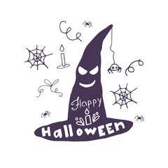 Hand drawn card with scary face, witch hat and hand lettering phrase Happy Halloween.