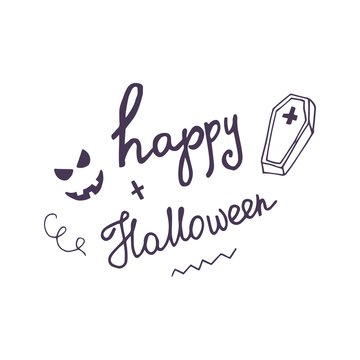 Hand drawn card with scary face, coffin and hand lettering phrase Happy Halloween.