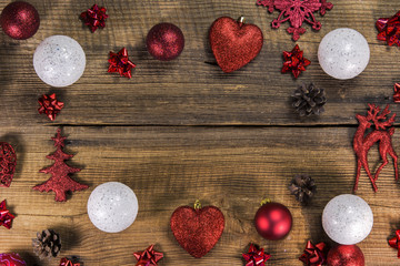 Christmas decorations on wooden board