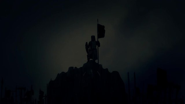 Knight Holding a Flag While Armed Soldiers Cheering him Before Battle