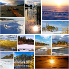 Collage with photos of the Siberian river Ob