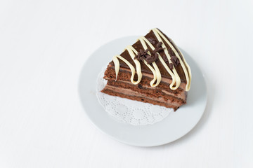 Delicious chocolate cake in white plate with cream isolated on light background