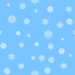 Seamless pattern. Beautiful, original snowflakes of white color on a blue background.