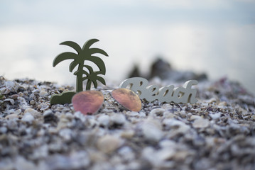Beach with in the alphabet coconut and fishstar, soft focus