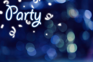 Text PARTY on abstract blurred festive background