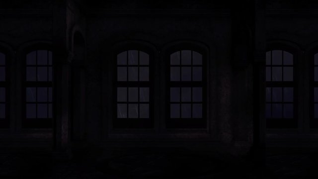Windows of a Spooky Castle Showing a Lightning Storm