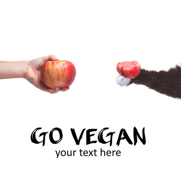 Go vegan! Concept of veganism. Vegan diet. Human hand with apple