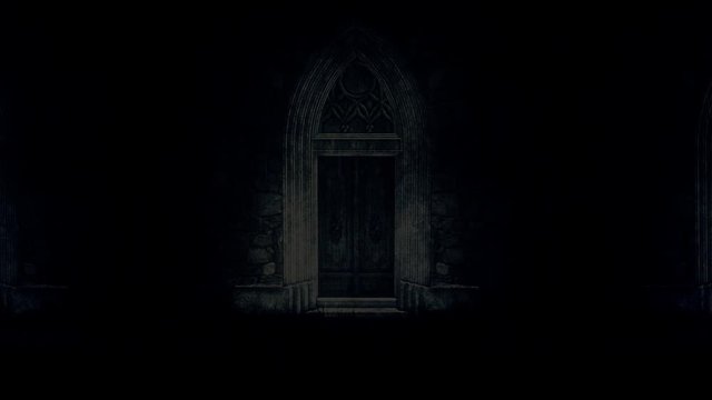 Big and Spooky Castle Door at Night Under a Lightning Storm and Rain