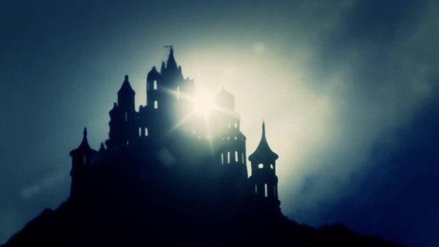 Epic Big Castle on a Mountain range with Waving Flags