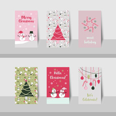 Set of Christmas small cards with snowman, snowflakes, Christmas tree, ball and ornament in pink, green, grey, and white colors with variety background colors.